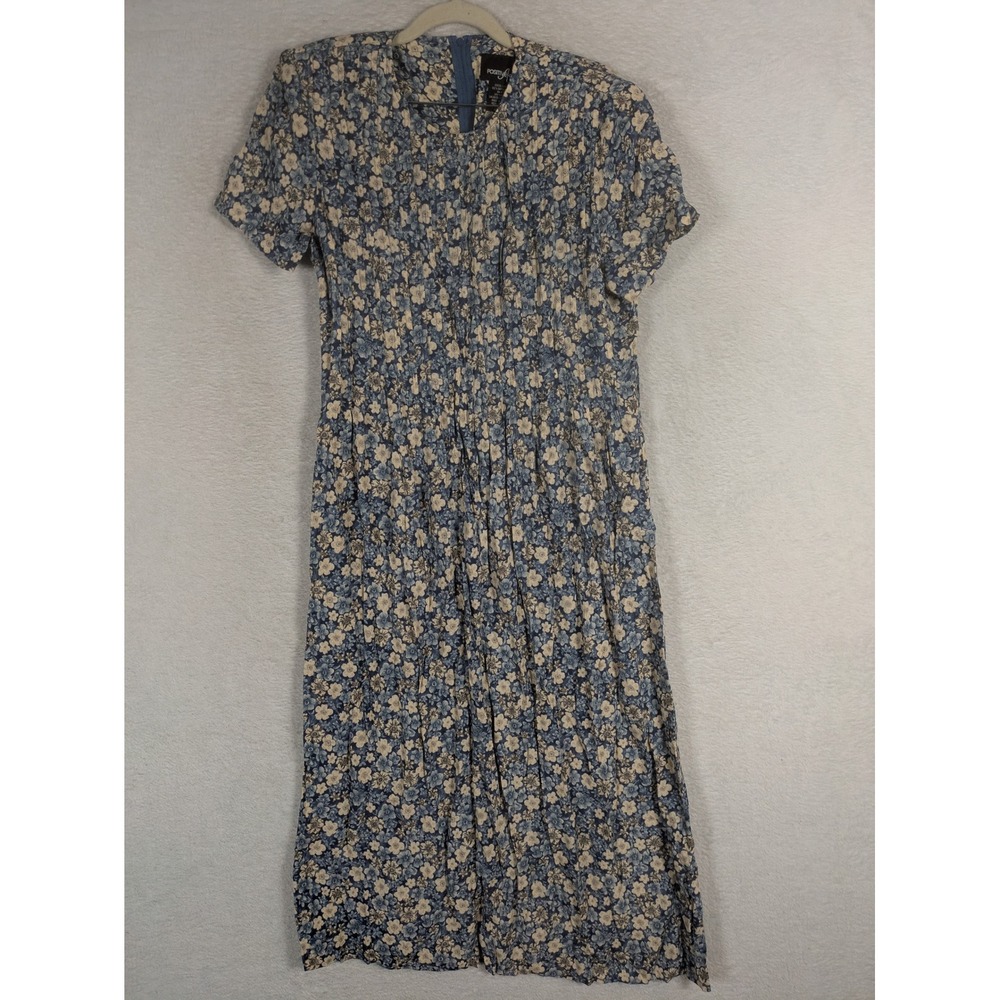 Positive Attitude Dress Women's 8P Blue Floral Pleated Short Sleeve Midi Vintage